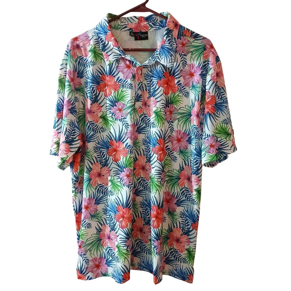 Yatta Golf Mens XL Tropical Floral Performance Polo Shirt Hibiscus Short Sleeve